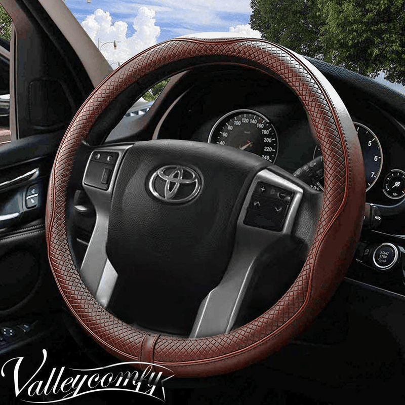 Valleycomfy 15.75 inch Auto Car Steering Wheel Covers Black with Black Lines- Genuine Leather for F-150 Tundra Range Rover. Vehicles & Parts > Vehicle Parts & Accessories > Vehicle Maintenance, Care & Decor > Vehicle Decor > Vehicle Steering Wheel Covers Valleycomfy Coffee L(15"1/2-16") 