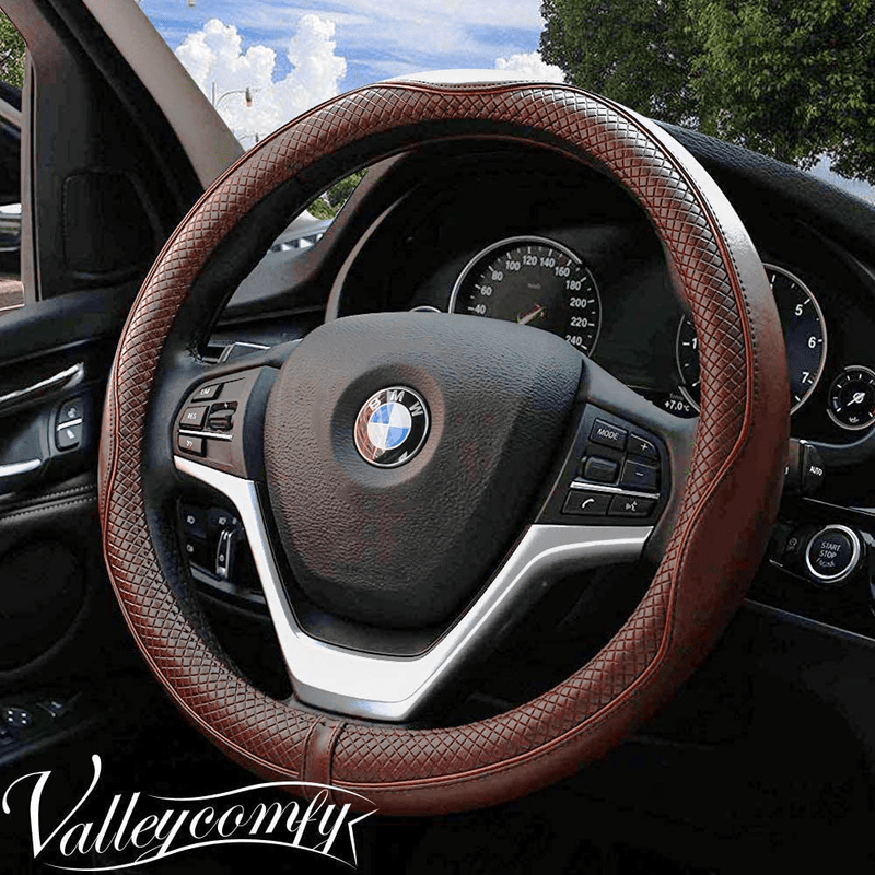 Valleycomfy 15.75 inch Auto Car Steering Wheel Covers Black with Black Lines- Genuine Leather for F-150 Tundra Range Rover. Vehicles & Parts > Vehicle Parts & Accessories > Vehicle Maintenance, Care & Decor > Vehicle Decor > Vehicle Steering Wheel Covers Valleycomfy Coffee S(14"-14"1/4) 