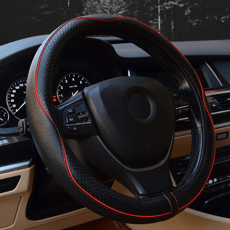 Valleycomfy 15.75 inch Auto Car Steering Wheel Covers Black with Black Lines- Genuine Leather for F-150 Tundra Range Rover. Vehicles & Parts > Vehicle Parts & Accessories > Vehicle Maintenance, Care & Decor > Vehicle Decor > Vehicle Steering Wheel Covers Valleycomfy Black with Red Lines L(15"1/2-16") 