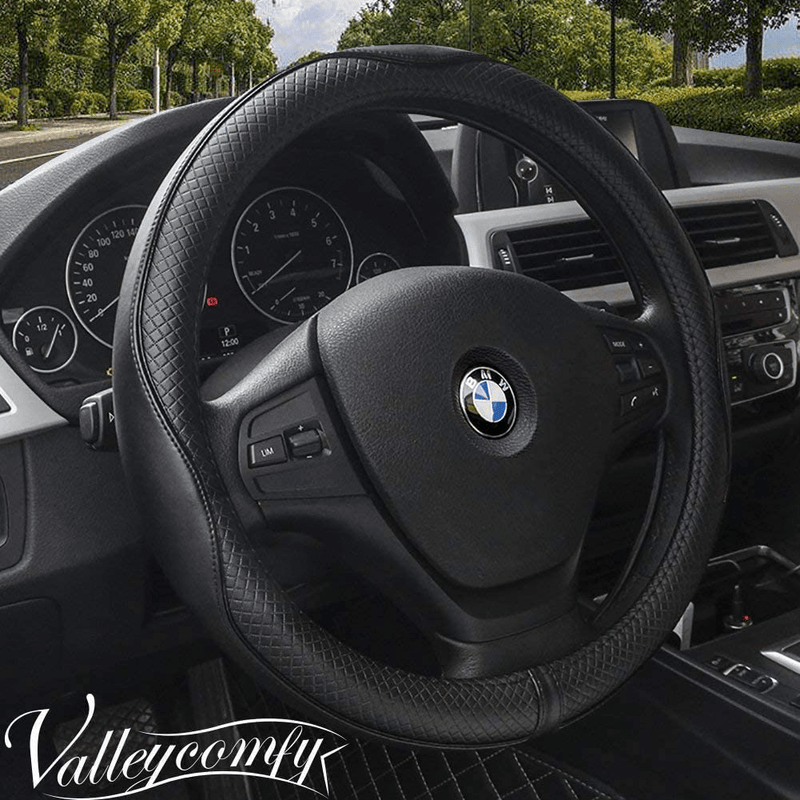 Valleycomfy 15.75 inch Auto Car Steering Wheel Covers Black with Black Lines- Genuine Leather for F-150 Tundra Range Rover.