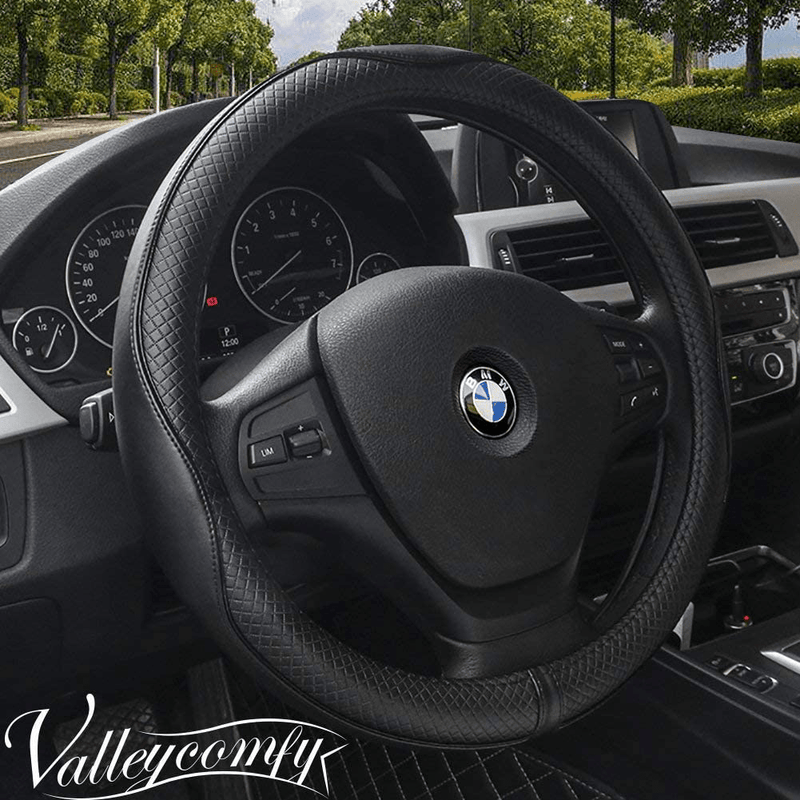 Valleycomfy 15.75 inch Auto Car Steering Wheel Covers Black with Black Lines- Genuine Leather for F-150 Tundra Range Rover. Vehicles & Parts > Vehicle Parts & Accessories > Vehicle Maintenance, Care & Decor > Vehicle Decor > Vehicle Steering Wheel Covers Valleycomfy Black with Black Lines M(14"1/2-15"1/4) 