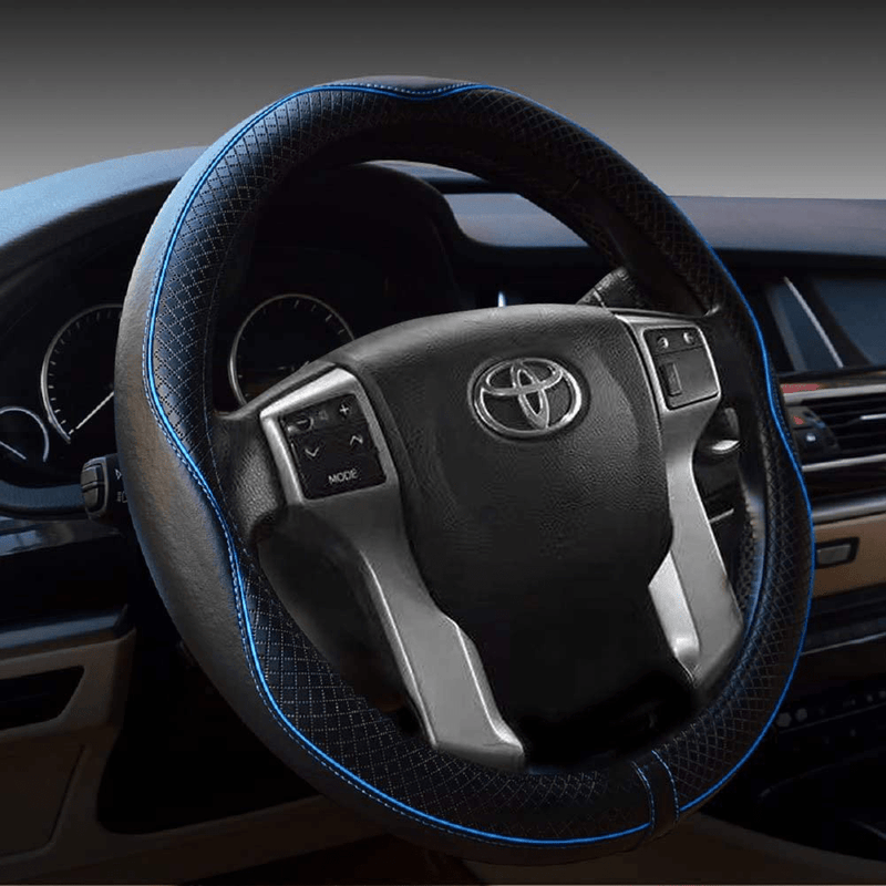 Valleycomfy 15.75 inch Auto Car Steering Wheel Covers Black with Black Lines- Genuine Leather for F-150 Tundra Range Rover. Vehicles & Parts > Vehicle Parts & Accessories > Vehicle Maintenance, Care & Decor > Vehicle Decor > Vehicle Steering Wheel Covers Valleycomfy Black with Blue Lines L(15"1/2-16") 