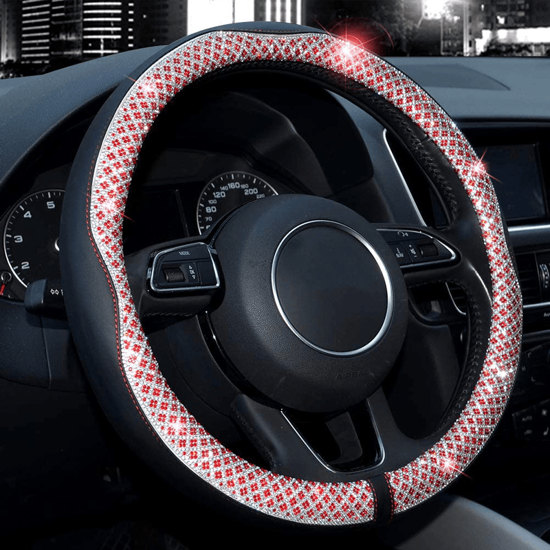 Valleycomfy 15.75 inch Auto Car Steering Wheel Covers Black with Black Lines- Genuine Leather for F-150 Tundra Range Rover. Vehicles & Parts > Vehicle Parts & Accessories > Vehicle Maintenance, Care & Decor > Vehicle Decor > Vehicle Steering Wheel Covers Valleycomfy diamond Red M(14"1/2-15"1/4) 