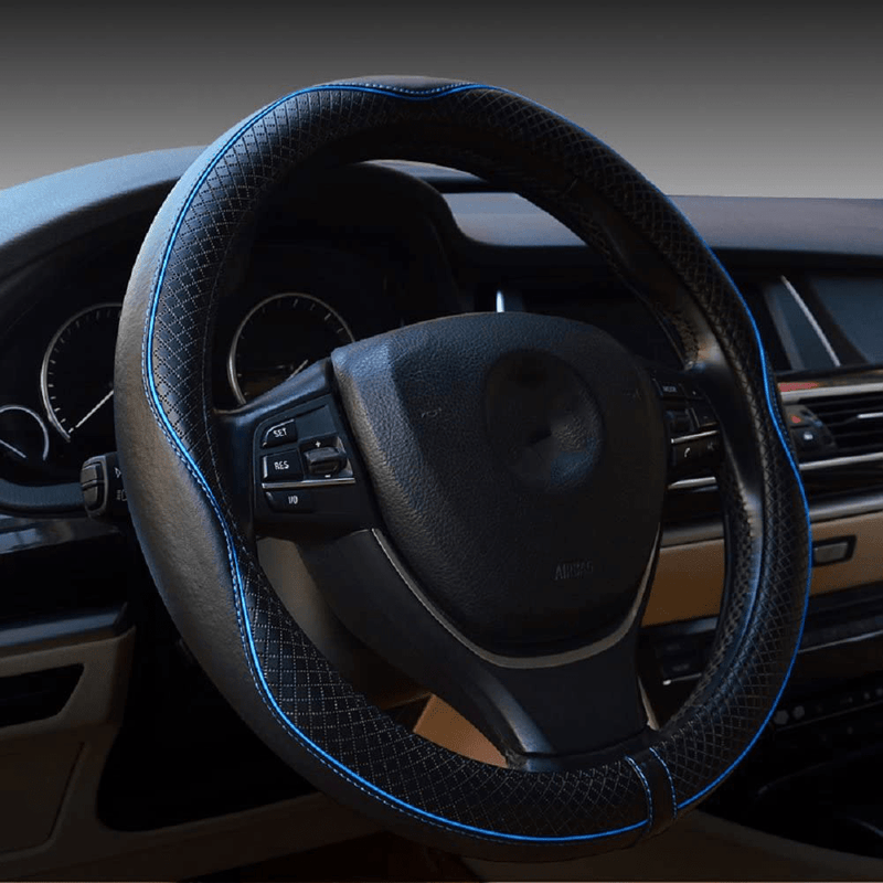Valleycomfy 15.75 inch Auto Car Steering Wheel Covers Black with Black Lines- Genuine Leather for F-150 Tundra Range Rover. Vehicles & Parts > Vehicle Parts & Accessories > Vehicle Maintenance, Care & Decor > Vehicle Decor > Vehicle Steering Wheel Covers Valleycomfy Black with Blue Lines M(14"1/2-15"1/4) 