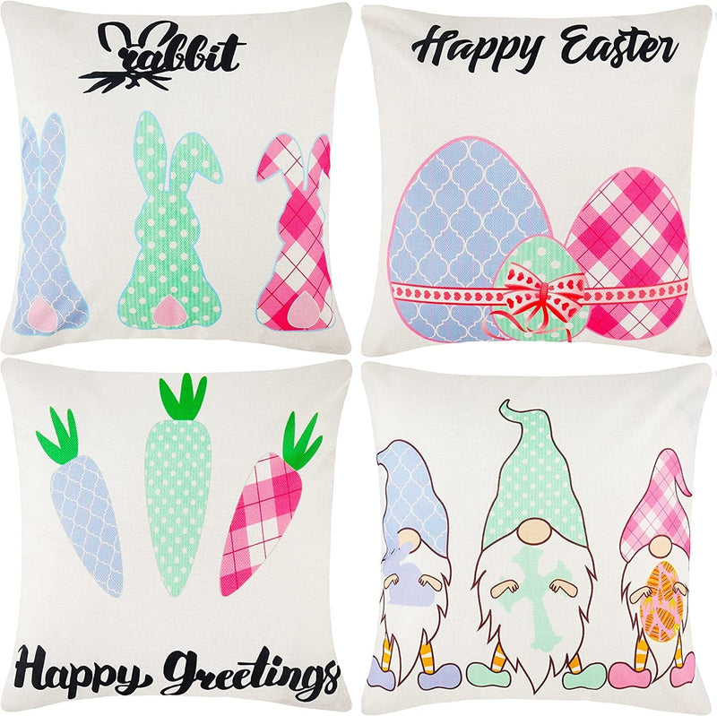 Valporia Easter Pillow Covers 18X18 Set of 4 Easter Bunny Egg Hunt Patterns Decor Easter Decorations for the Home Easter Gifts for Women (18X18 Inch, Beige-06A4)