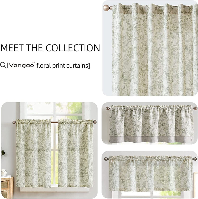 Vangao Farmhouse Linen Curtains 84 Inches Long for Living Room Bedroom Green Vintage Floral Printed on Beige Semi-Sheer Window Drapes Back Tab Rod Pocket 2 Panels Home & Garden > Decor > Window Treatments > Curtains & Drapes Vangao   
