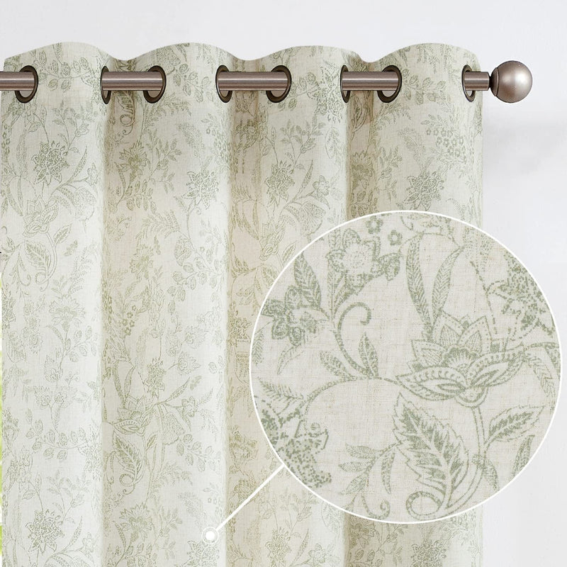 Vangao Farmhouse Linen Curtains 84 Inches Long for Living Room Bedroom Green Vintage Floral Printed on Beige Semi-Sheer Window Drapes Back Tab Rod Pocket 2 Panels Home & Garden > Decor > Window Treatments > Curtains & Drapes Vangao Grommet I Green 50"W x 96"L x2 