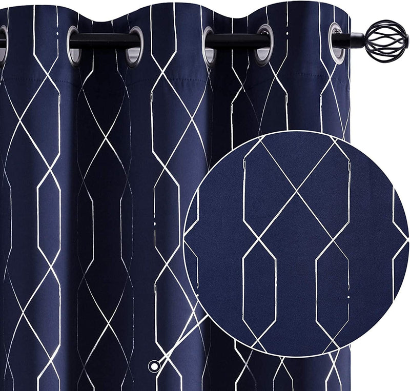 Vangao Navy Blue Blackout Curtains 96 Inches Long 2 Panels for Living Room Bedroom Silver Trellis Foil Print Thermal Insulated Grommet Top Window Drapes Home & Garden > Decor > Window Treatments > Curtains & Drapes Vangao Trellis I Navy Blue 52"W x 96"L x2 