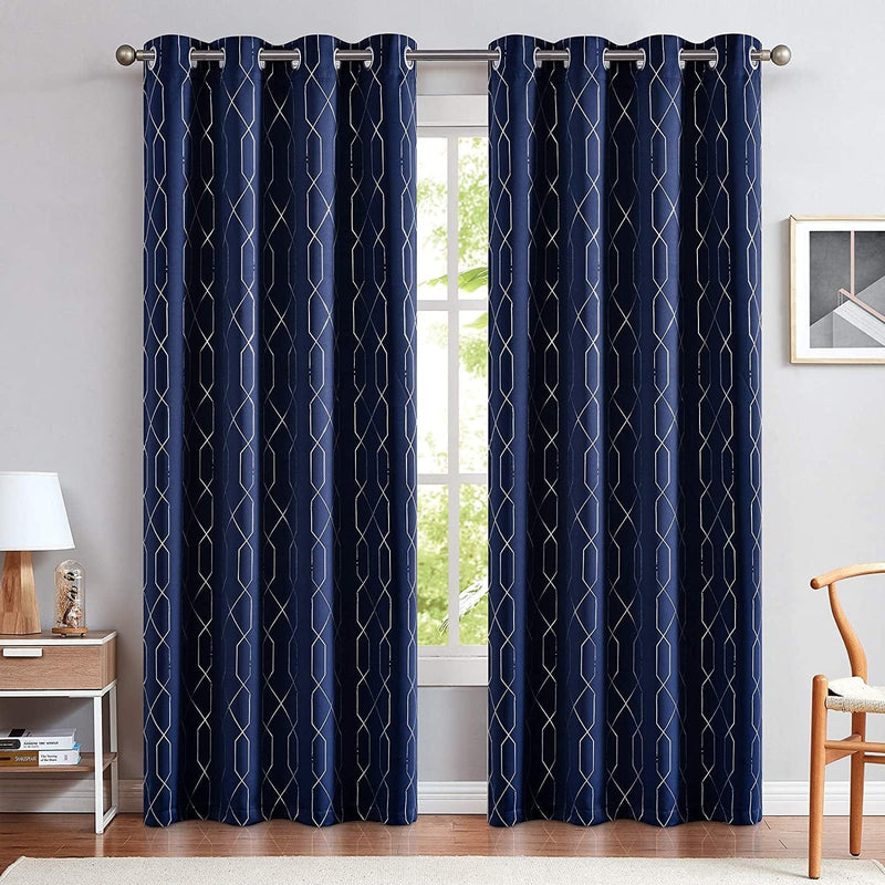 Vangao Navy Blue Blackout Curtains 96 Inches Long 2 Panels for Living Room Bedroom Silver Trellis Foil Print Thermal Insulated Grommet Top Window Drapes Home & Garden > Decor > Window Treatments > Curtains & Drapes Vangao   