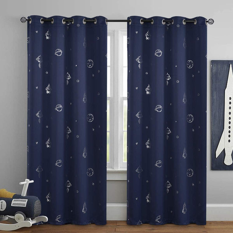 Vangao Navy Blue Blackout Curtains Space Theme for Boys Kids Nursery Girls Room Silver Foil Print Grommet Top Window Drapes 84 Inches Long 2 Panels for Bedroom Living Room Home & Garden > Decor > Window Treatments > Curtains & Drapes Vangao   