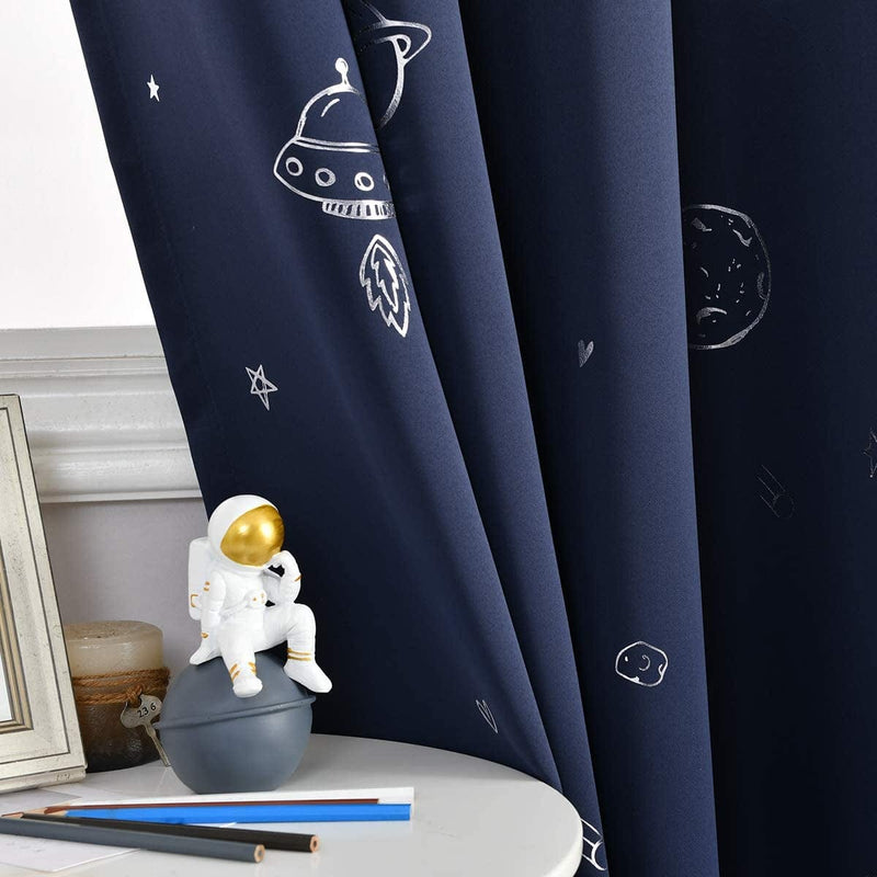 Vangao Navy Blue Blackout Curtains Space Theme for Boys Kids Nursery Girls Room Silver Foil Print Grommet Top Window Drapes 84 Inches Long 2 Panels for Bedroom Living Room Home & Garden > Decor > Window Treatments > Curtains & Drapes Vangao   