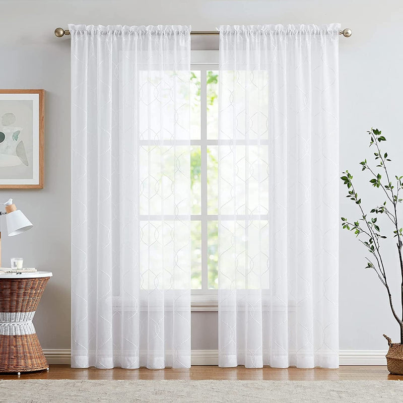 Vangao White Sheer Curtains 84 Inch Long for Living Room Bedroom, Geometric Embroidered Rod Pocket Voile Window Drapes 2 Panels