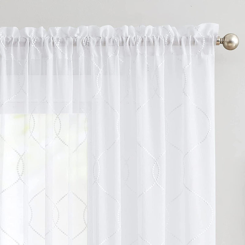Vangao White Sheer Curtains 84 Inch Long for Living Room Bedroom, Geometric Embroidered Rod Pocket Voile Window Drapes 2 Panels Home & Garden > Decor > Window Treatments > Curtains & Drapes Vangao   