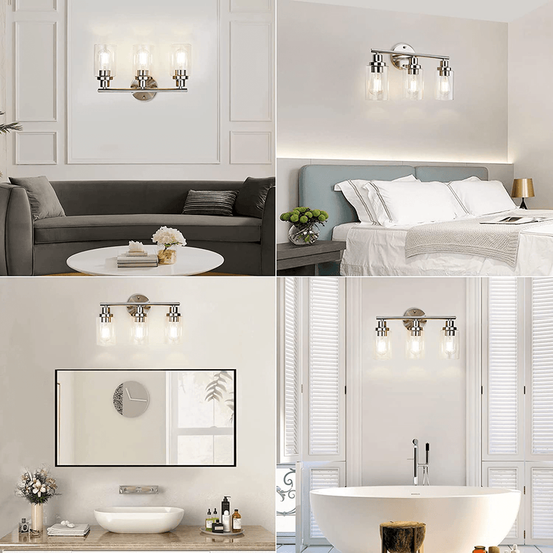 Vanity Wall Light Fixtures, Modern 3 Lights Wall Sconce with Clear Glass Shade, Brushed Nickel Farmhouse Wall Lamp for Bathroom Mirror Kitchen Porch Living Room Workshop (E26 Base)