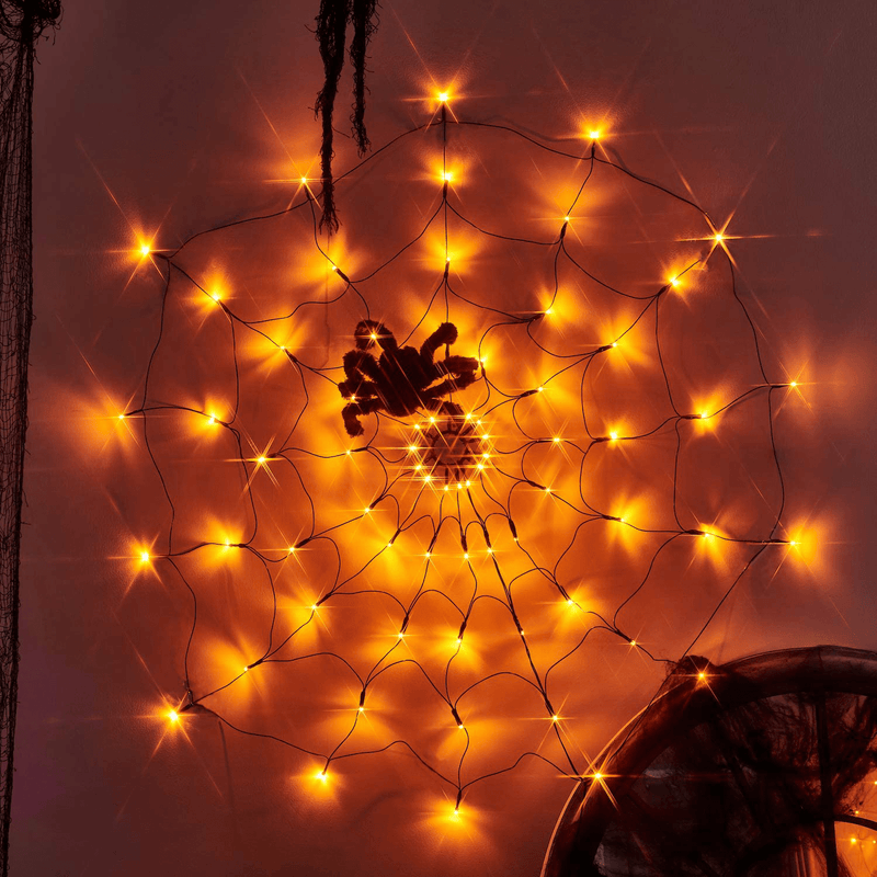 Vanthylit 3.25FT Diameter 70LED Halloween Spider Web Lights Orange Lights with Black Spider for Halloween Indoor and Outdoor Decor