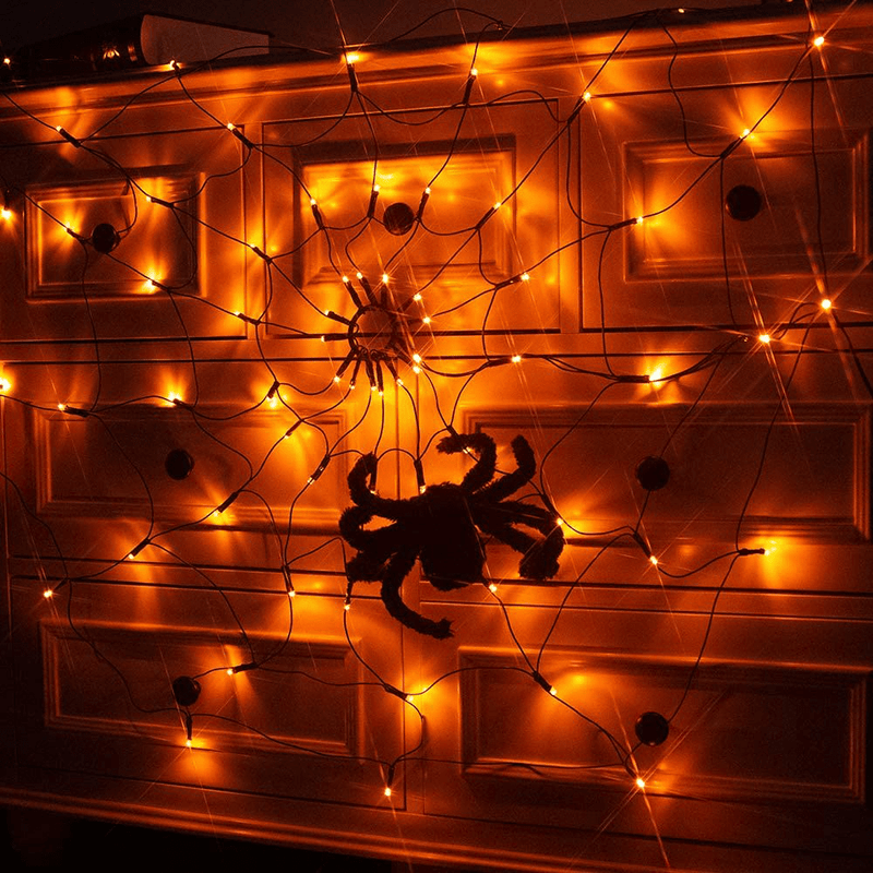 Vanthylit 3.25FT Diameter 70LED Halloween Spider Web Lights Orange Lights with Black Spider for Halloween Indoor and Outdoor Decor