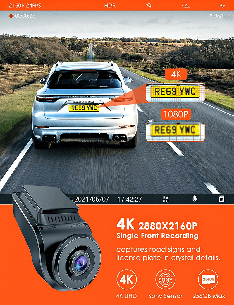 Vantrue S1 4k Dash Cam, Dual 1080P Front and Rear Car Camera with Built in GPS Speed, 24/7 Parking Mode, Sony Night Vision, Single Front 60fps, Capacitor, Motion Sensor, Support 256GB Max for Trucks