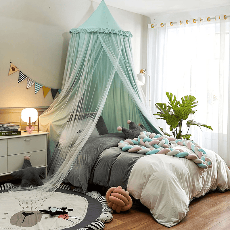 VARWANEO Bed Canopy for Girls Kids with Lights, Double Layer Princess round Dome Kids Mosquito Net Canopies Indoor Bedding Castle Play Tent Hanging House Decor Reading Nook Canopy(Green/White) Sporting Goods > Outdoor Recreation > Camping & Hiking > Mosquito Nets & Insect Screens VARWANEO   