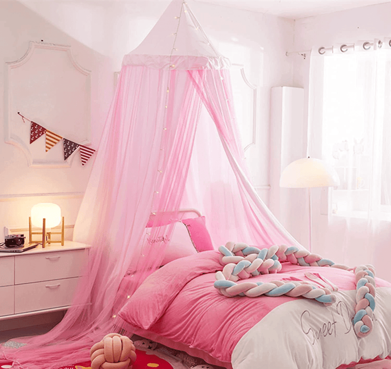 VARWANEO Bed Canopy for Girls Kids with Lights, Double Layer Princess round Dome Kids Mosquito Net Canopies Indoor Bedding Castle Play Tent Hanging House Decor Reading Nook Canopy(Green/White) Sporting Goods > Outdoor Recreation > Camping & Hiking > Mosquito Nets & Insect Screens VARWANEO White/Pink  
