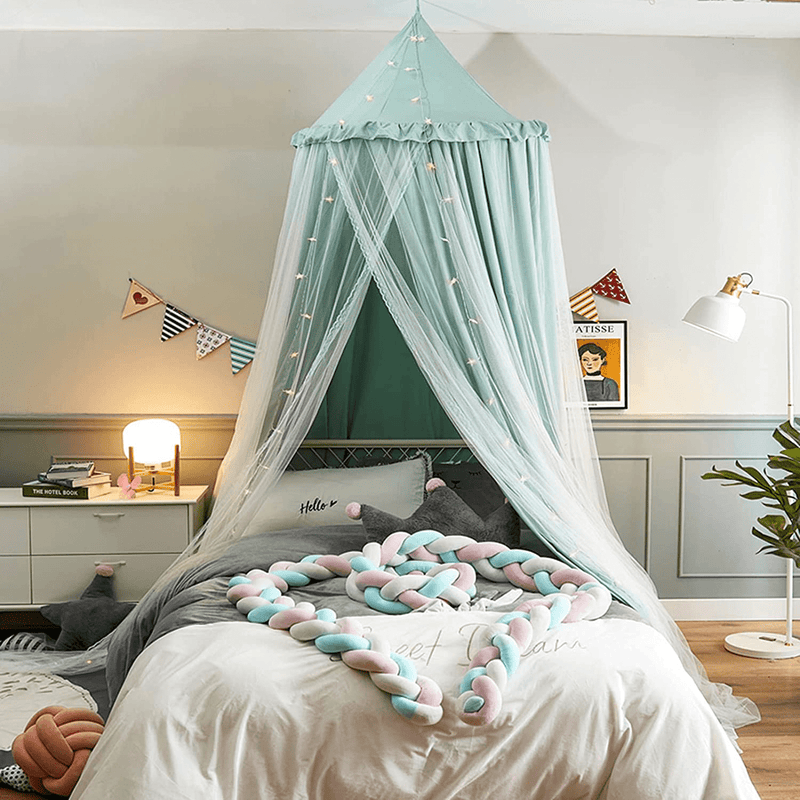 VARWANEO Bed Canopy for Girls Kids with Lights, Double Layer Princess round Dome Kids Mosquito Net Canopies Indoor Bedding Castle Play Tent Hanging House Decor Reading Nook Canopy(Green/White) Sporting Goods > Outdoor Recreation > Camping & Hiking > Mosquito Nets & Insect Screens VARWANEO   