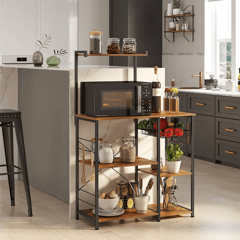 VASAGLE Baker’s Rack, Coffee Station, Microwave Oven Stand, Kitchen Shelf with Wire Basket, 6 S-Hooks, Utility Storage for Spices, Pots, and Pans, Rustic Brown and Black UKKS35X Home & Garden > Kitchen & Dining > Food Storage VASAGLE   