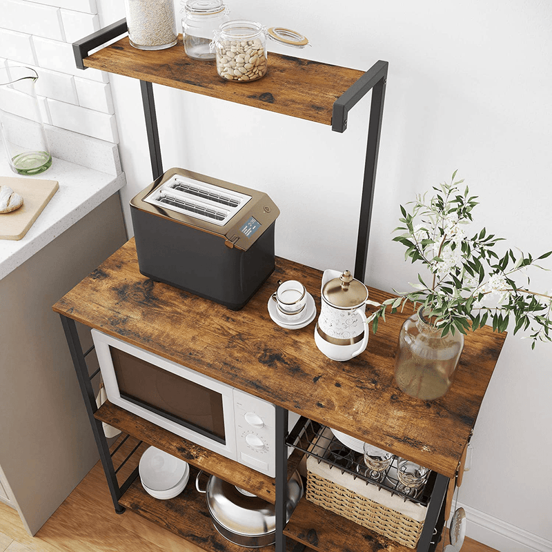 VASAGLE Baker’s Rack, Coffee Station, Microwave Oven Stand, Kitchen Shelf with Wire Basket, 6 S-Hooks, Utility Storage for Spices, Pots, and Pans, Rustic Brown and Black UKKS35X Home & Garden > Kitchen & Dining > Food Storage VASAGLE   