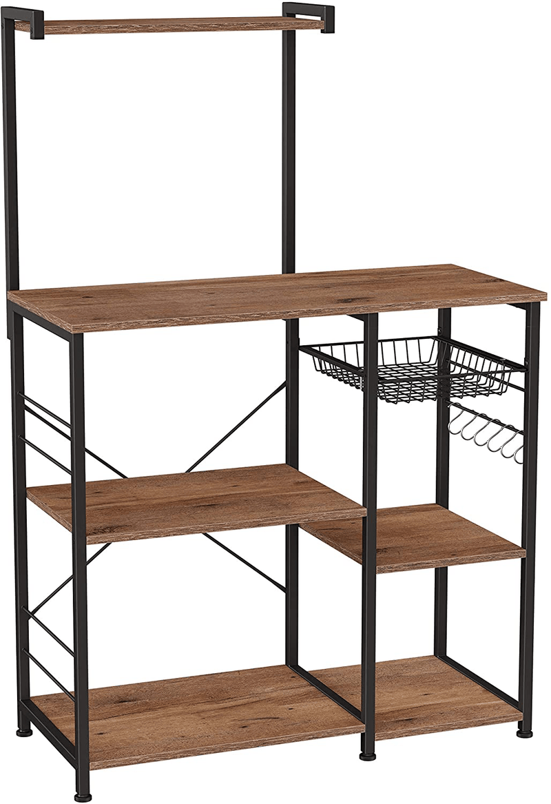 VASAGLE Baker’s Rack, Coffee Station, Microwave Oven Stand, Kitchen Shelf with Wire Basket, 6 S-Hooks, Utility Storage for Spices, Pots, and Pans, Rustic Brown and Black UKKS35X Home & Garden > Kitchen & Dining > Food Storage VASAGLE Hazelnut Brown + Black  