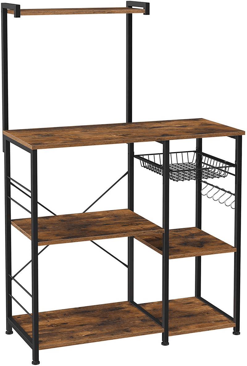 VASAGLE Baker’S Rack, Coffee Station, Microwave Oven Stand, Kitchen Shelf with Wire Basket, 6 S-Hooks, Utility Storage for Spices, Pots, and Pans, Rustic Brown and Black UKKS35X Home & Garden > Kitchen & Dining > Food Storage VASAGLE Rustic Brown + Black  