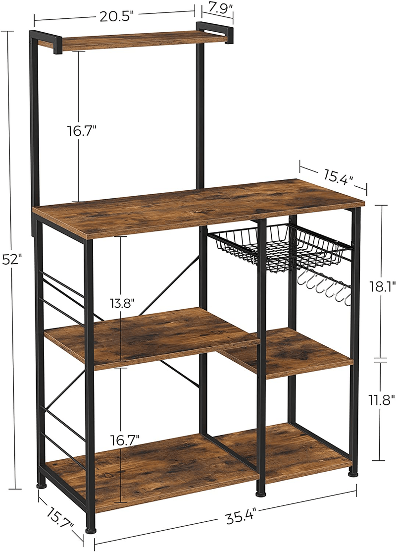 VASAGLE Baker’S Rack, Coffee Station, Microwave Oven Stand, Kitchen Shelf with Wire Basket, 6 S-Hooks, Utility Storage for Spices, Pots, and Pans, Rustic Brown and Black UKKS35X