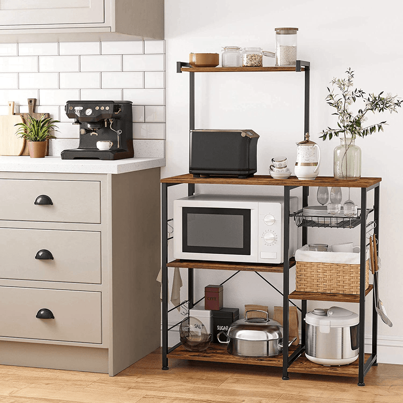 VASAGLE Baker’S Rack, Coffee Station, Microwave Oven Stand, Kitchen Shelf with Wire Basket, 6 S-Hooks, Utility Storage for Spices, Pots, and Pans, Rustic Brown and Black UKKS35X Home & Garden > Kitchen & Dining > Food Storage VASAGLE   