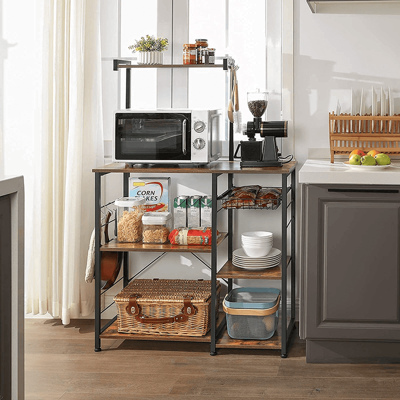 VASAGLE Baker’S Rack, Coffee Station, Microwave Oven Stand, Kitchen Shelf with Wire Basket, 6 S-Hooks, Utility Storage for Spices, Pots, and Pans, Rustic Brown and Black UKKS35X Home & Garden > Kitchen & Dining > Food Storage VASAGLE   