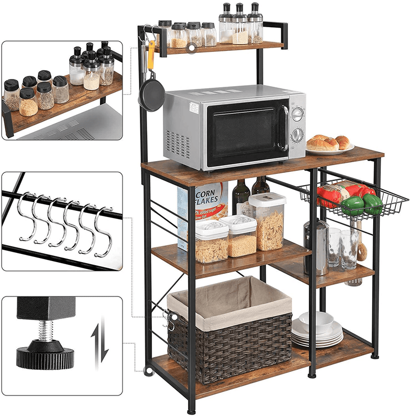 VASAGLE Baker’S Rack, Coffee Station, Microwave Oven Stand, Kitchen Shelf with Wire Basket, 6 S-Hooks, Utility Storage for Spices, Pots, and Pans, Rustic Brown and Black UKKS35X