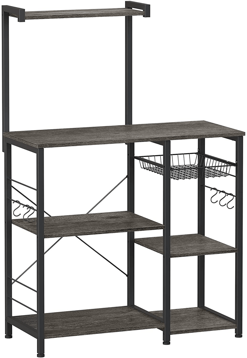 VASAGLE Baker’S Rack, Coffee Station, Microwave Oven Stand, Kitchen Shelf with Wire Basket, 6 S-Hooks, Utility Storage for Spices, Pots, and Pans, Rustic Brown and Black UKKS35X Home & Garden > Kitchen & Dining > Food Storage VASAGLE Charcoal Gray + Black  