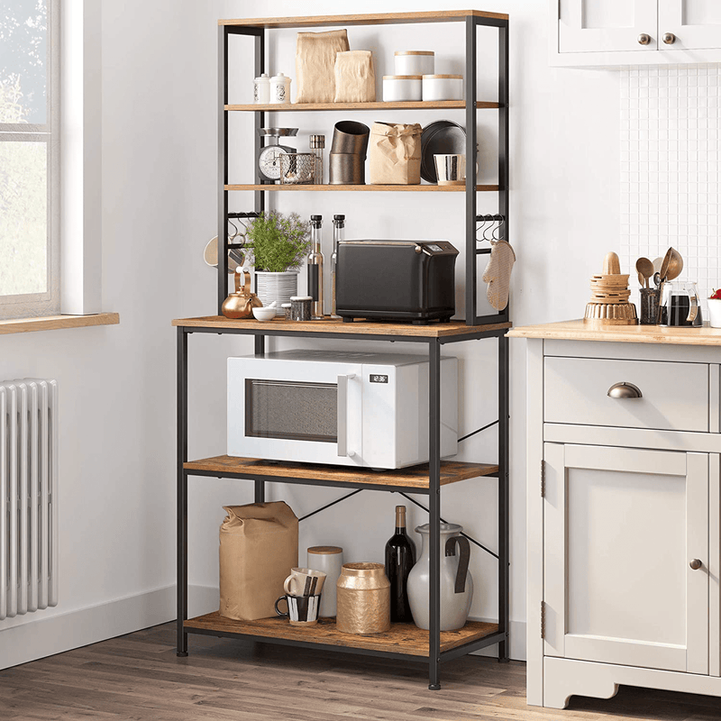 VASAGLE Baker'S Rack, Microwave Oven Stand, 6-Tier Kitchen Utility Storage Shelf, 6 Hooks and Metal Frame, Industrial, 31.5 X 15.7 X 65.7 Inches, Rustic Brown and Black UKKS019B01