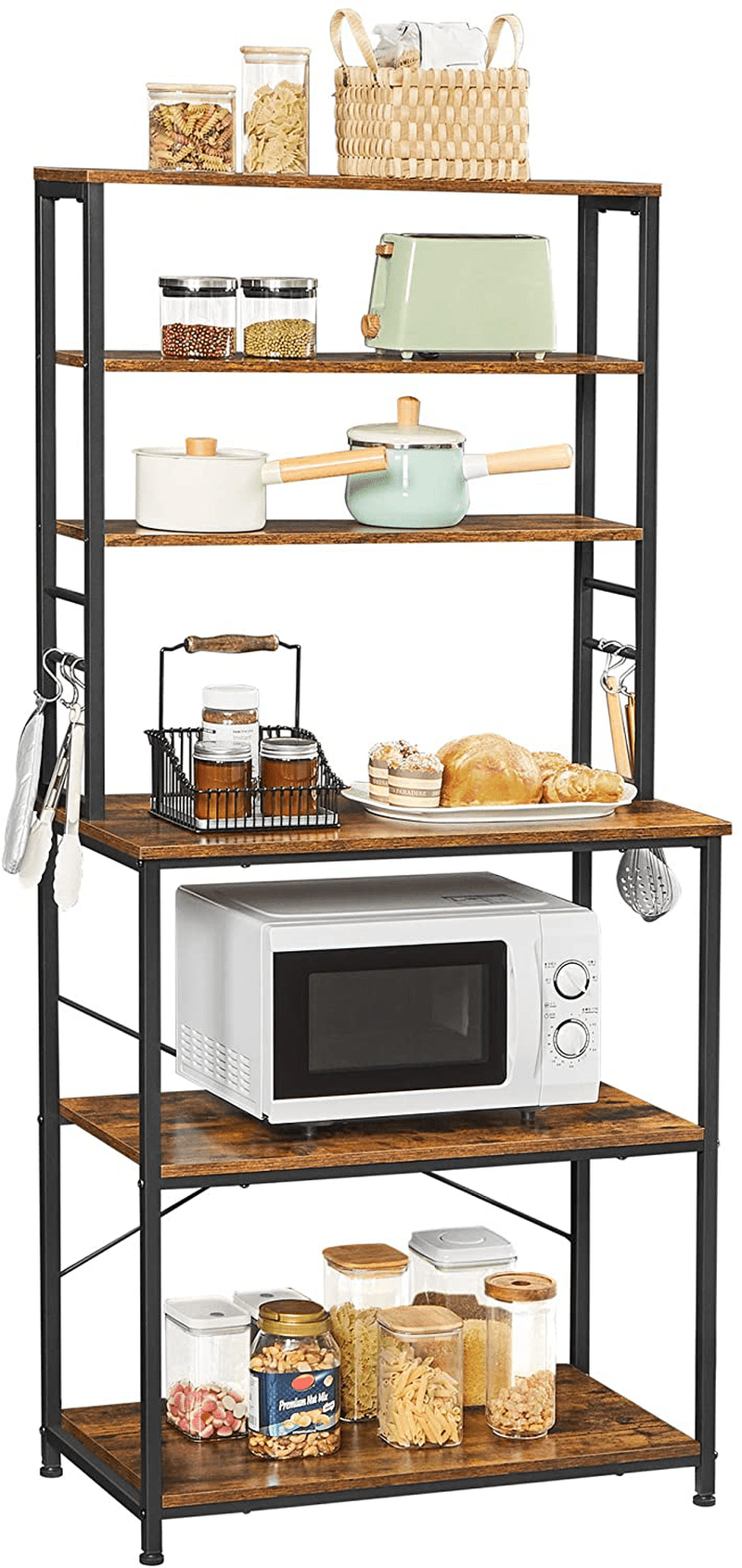 VASAGLE Baker'S Rack, Microwave Oven Stand, 6-Tier Kitchen Utility Storage Shelf, 6 Hooks and Metal Frame, Industrial, 31.5 X 15.7 X 65.7 Inches, Rustic Brown and Black UKKS019B01