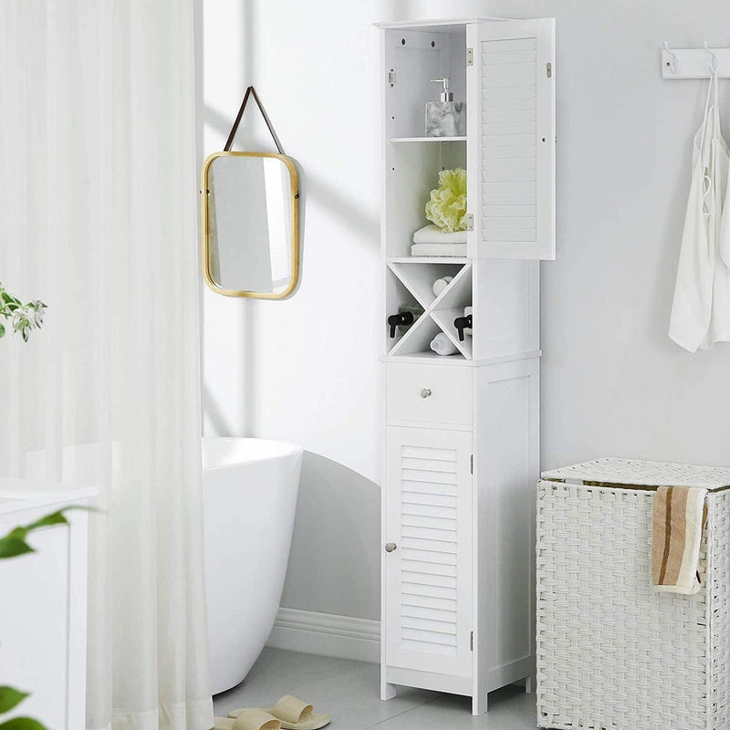 VASAGLE Bathroom Tall Cabinet, Freestanding Storage Cabinet with Shutter Doors, Drawer, and Removable X-Shaped Stand, 12.6 X 11.8 X 66.9 Inches, Scandinavian Style, White UBBC69WT