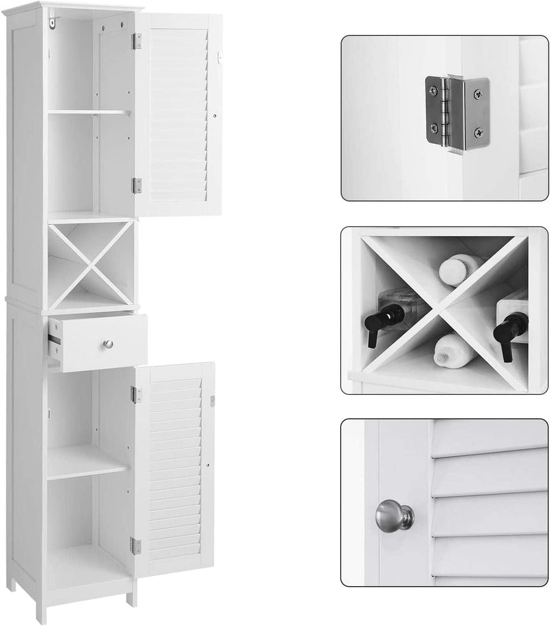 VASAGLE Bathroom Tall Cabinet, Freestanding Storage Cabinet with Shutter Doors, Drawer, and Removable X-Shaped Stand, 12.6 X 11.8 X 66.9 Inches, Scandinavian Style, White UBBC69WT