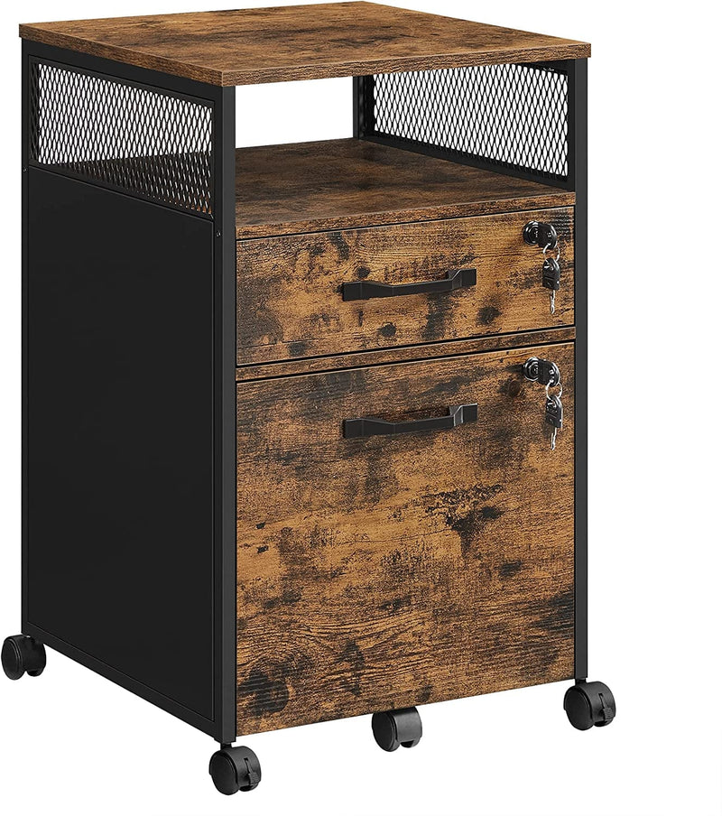 VASAGLE File Cabinet with Lock, Filing Cabinet with 2 Storage Drawers, for Hanging File Folders, Open Shelf, Home Office, Steel Frame, Industrial, Greige and Black UOFC077B02 Home & Garden > Household Supplies > Storage & Organization VASAGLE Rustic Brown + Black  