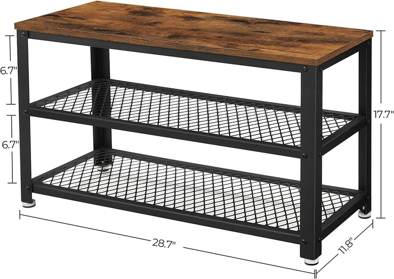 VASAGLE Shoe Bench, 3-Tier Shoe Rack, 28.7 Inches Long Storage Shelves, for Entryway, Living Room, Hallway, Accent Furniture, Steel Frame, Industrial Design, Rustic Brown and Black ULBS73X