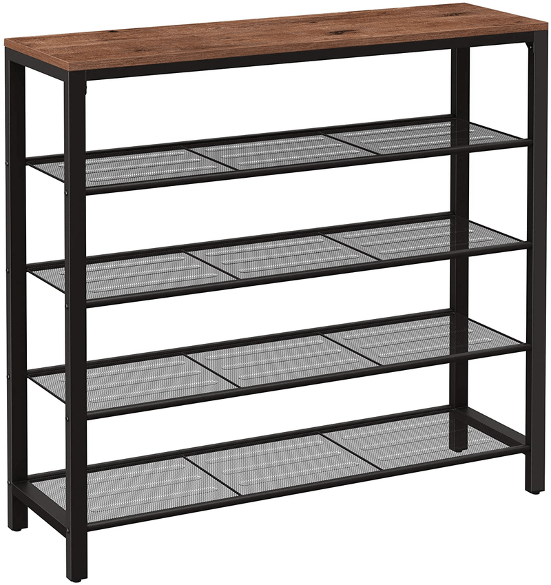 VASAGLE Shoe Rack, 5-Tier Shoe Storage Organizer with 4 Metal Mesh Shelves for 16-20 Pairs and Large Surface for Bags, for Entryway, Hallway, Closet, Industrial, Rustic Brown and Black ULBS15BX Furniture > Cabinets & Storage > Armoires & Wardrobes VASAGLE Hazelnut Brown + Black 39.4 x 11.8 x 36.4 Inches 