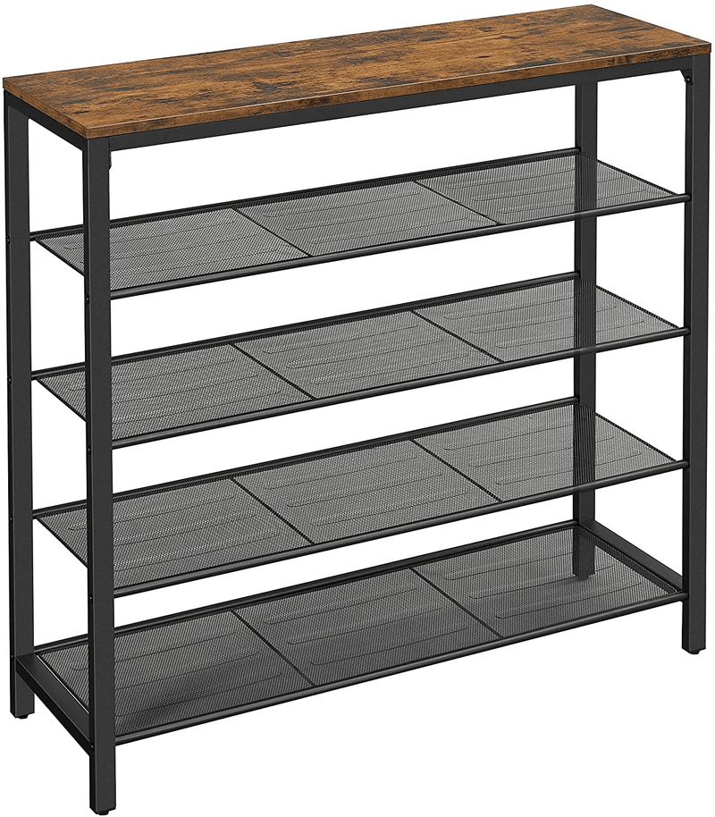 VASAGLE Shoe Rack, 5-Tier Shoe Storage Organizer with 4 Metal Mesh Shelves for 16-20 Pairs and Large Surface for Bags, for Entryway, Hallway, Closet, Industrial, Rustic Brown and Black ULBS15BX Furniture > Cabinets & Storage > Armoires & Wardrobes VASAGLE Rustic Brown + Black 39.4 x 11.8 x 36.4 Inches 