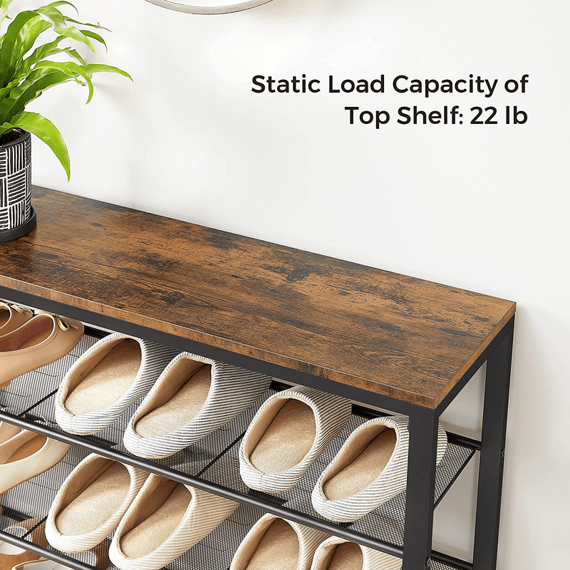 VASAGLE Shoe Rack, 5-Tier Shoe Storage Organizer with 4 Metal Mesh Shelves for 16-20 Pairs and Large Surface for Bags, for Entryway, Hallway, Closet, Industrial, Rustic Brown and Black ULBS15BX Furniture > Cabinets & Storage > Armoires & Wardrobes VASAGLE   