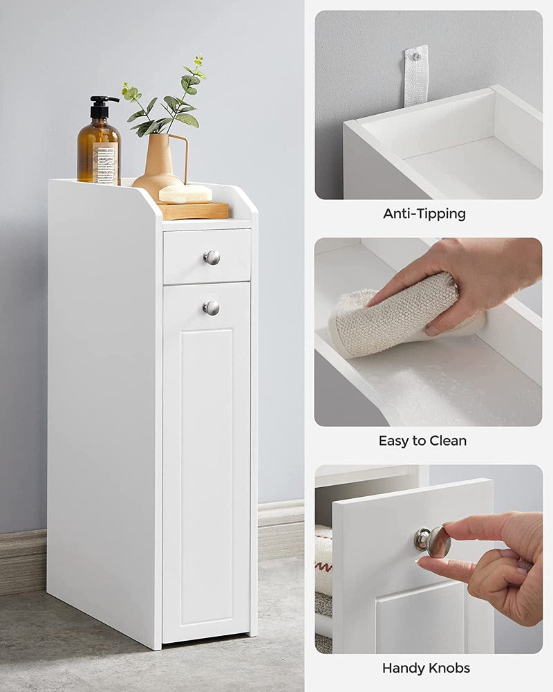 VASAGLE Small Bathroom Storage Cabinet, Slim Bathroom Storage Organizer, Toilet Paper Holder with Storage, Toilet Paper Storage Cabinet with Slide Out Drawers, for Small Spaces, White UBBC847P31