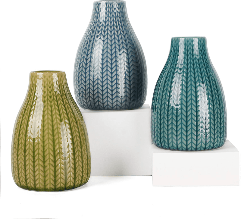 Vase Set of 3, Small Decorative Ceramic Flower Vases for Decor Home Living Room Office Parties Wedding, 3.7" Wide 5.5" Tall (Light Pink - White - Light Green) Home & Garden > Decor > Vases Pumxi Light Yellow&cyan-blue&green  