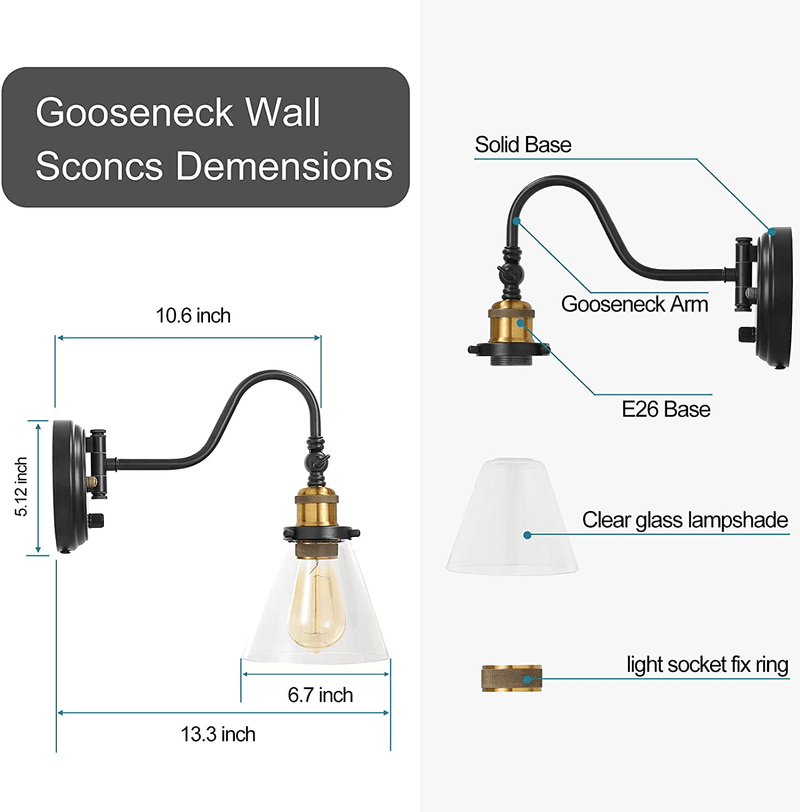 VATONI Dimmable Wall Sconce with Clear Glass Lampshade, Gooseneck Wall Sconces Plug in Swing Arm Wall Light with On/Off Switch and 6FT Plug in Cord for Bedroom, Bedside, over Mirror(2 Pack)
