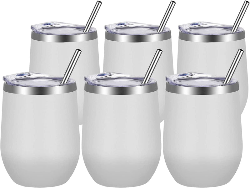 VEGOND Wine Tumblers Bulk 6 Pack, 12Oz Stainless Steel Stemless Wine Glass with Lids and Straws，Double Wall Vacuum Insulated Tumbler Cup, Coffee Mug for Cold Hot Drinks Home & Garden > Kitchen & Dining > Tableware > Drinkware VEGOND White 6 