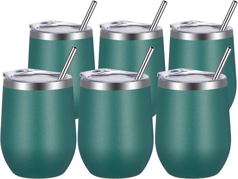 VEGOND Wine Tumblers Bulk 6 Pack, 12Oz Stainless Steel Stemless Wine Glass with Lids and Straws，Double Wall Vacuum Insulated Tumbler Cup, Coffee Mug for Cold Hot Drinks Home & Garden > Kitchen & Dining > Tableware > Drinkware VEGOND Dark Green 6 