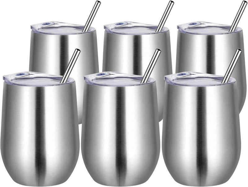 VEGOND Wine Tumblers Bulk 6 Pack, 12Oz Stainless Steel Stemless Wine Glass with Lids and Straws，Double Wall Vacuum Insulated Tumbler Cup, Coffee Mug for Cold Hot Drinks Home & Garden > Kitchen & Dining > Tableware > Drinkware VEGOND Stainless Steel 6 