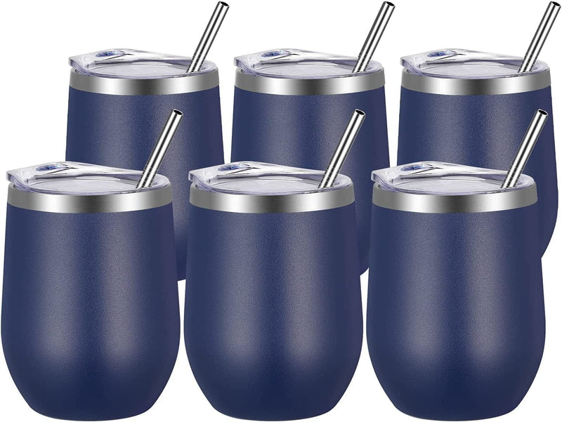 VEGOND Wine Tumblers Bulk 6 Pack, 12Oz Stainless Steel Stemless Wine Glass with Lids and Straws，Double Wall Vacuum Insulated Tumbler Cup, Coffee Mug for Cold Hot Drinks Home & Garden > Kitchen & Dining > Tableware > Drinkware VEGOND Navy Blue 6 