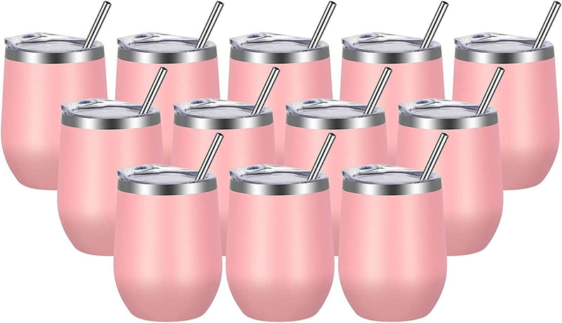 VEGOND Wine Tumblers Bulk 6 Pack, 12Oz Stainless Steel Stemless Wine Glass with Lids and Straws，Double Wall Vacuum Insulated Tumbler Cup, Coffee Mug for Cold Hot Drinks Home & Garden > Kitchen & Dining > Tableware > Drinkware VEGOND Pink 12 